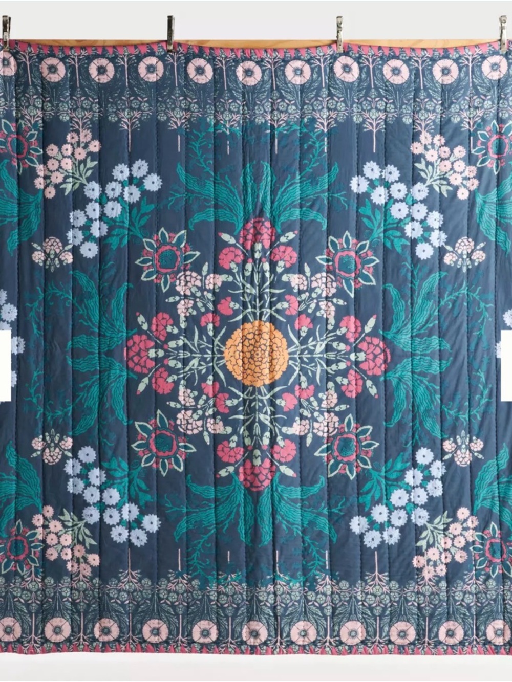Anthropologie Navy Floral Medallion Quilt with Matching Pillowcases (King)